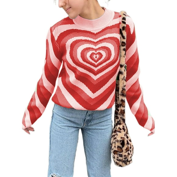CINUE Women Casual O-Neck Long Sleeve Heart Shape Appliques Pullover Sweater Scoop Neck 